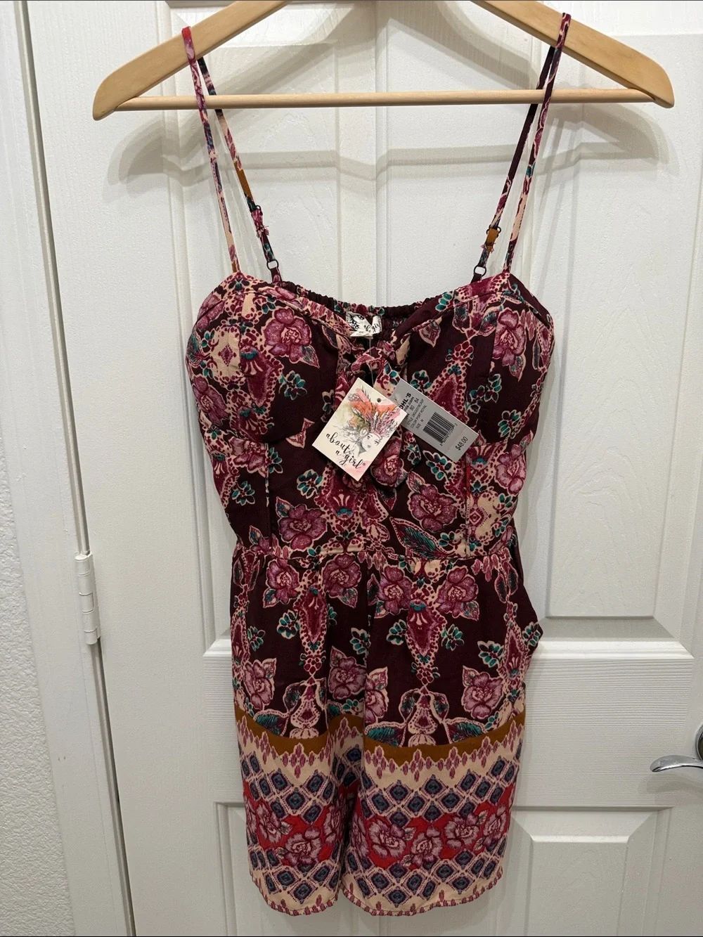 About A Girl Floral Spaghetti Strap Mini Shorts Romper Burgundy Pink Teal Medium